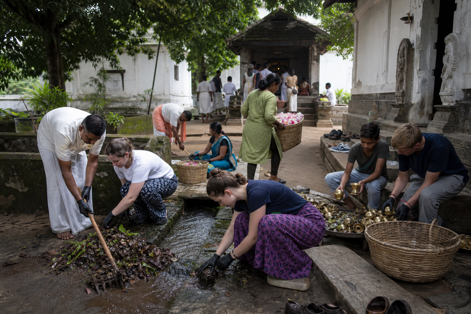 Visitors and local caretakers clean a temple water channel, organize brass lamps, and carry used flowers for composting.