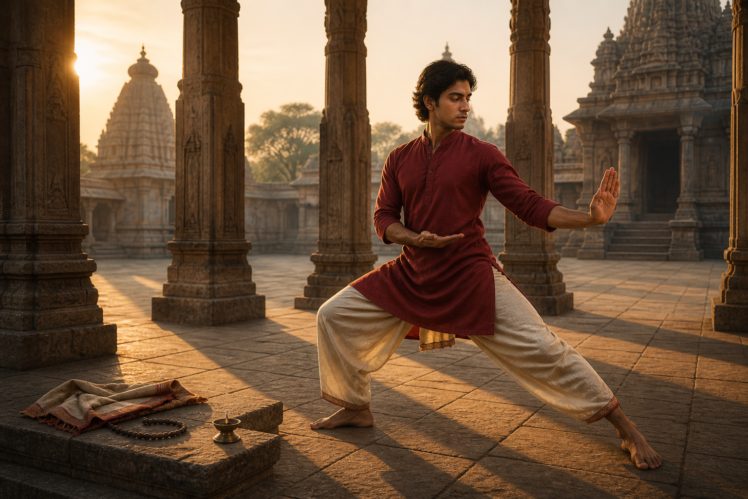 A person holds a balanced martial stance in a temple courtyard at sunrise, with prayer beads and an oil lamp resting nearby.