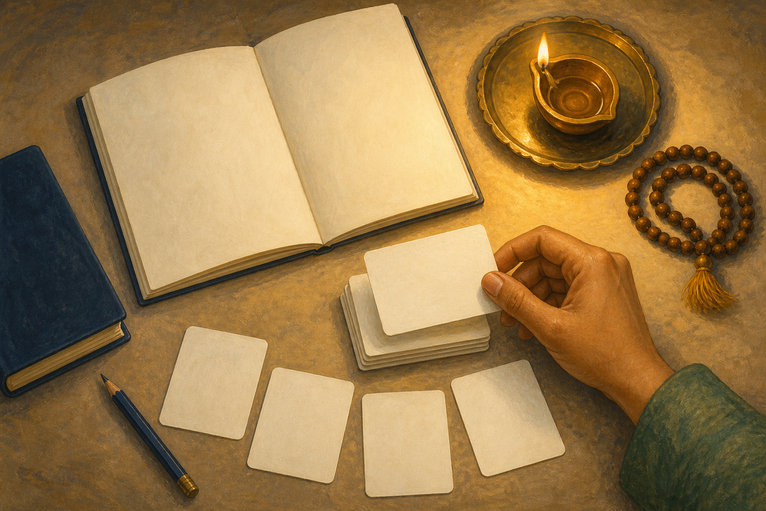 An overhead view shows a hand using blank study cards beside a notebook, pencil, prayer beads and a brass diya.
