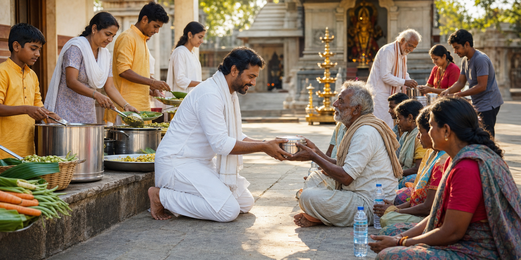 Volunteers prepare meals and distribute food and water respectfully to community members in a sunlit temple courtyard.