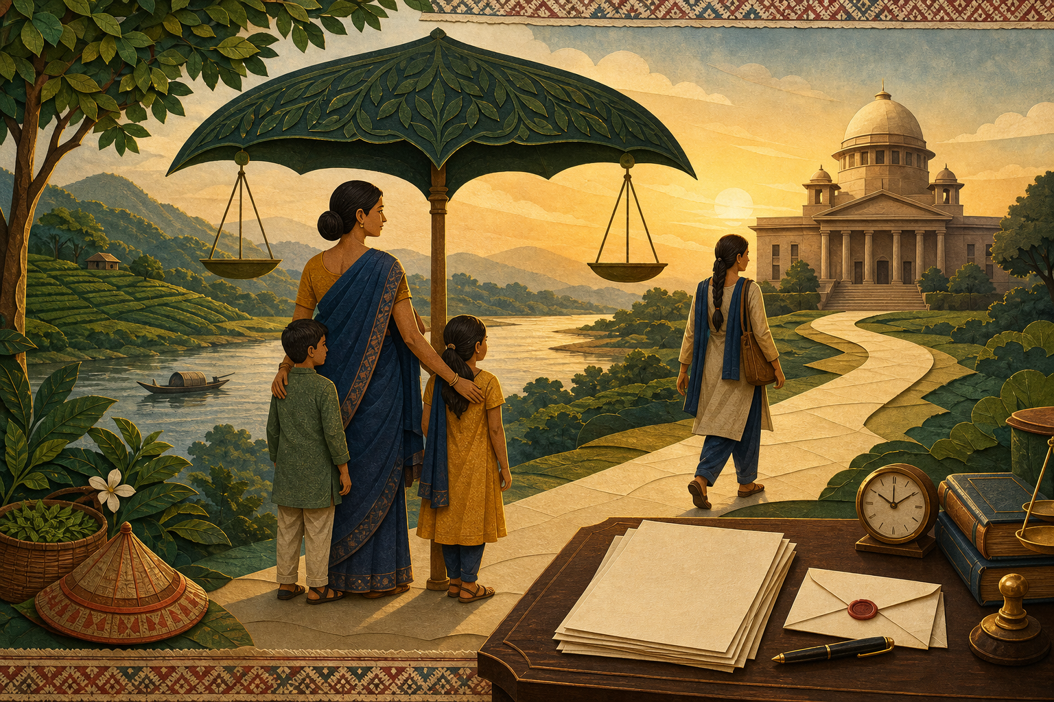 Editorial illustration of a spouse and two children sheltered beneath balanced scales, with a legal path leading from an Assamese river landscape to a national courthouse.