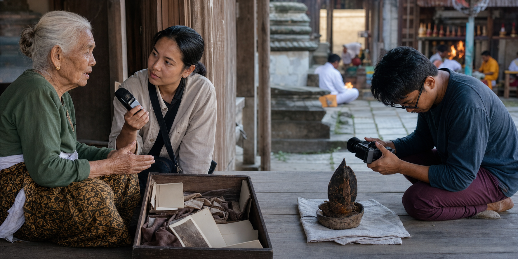 An elder shares temple memories with a younger researcher while community members document a ritual object and family photographs.
