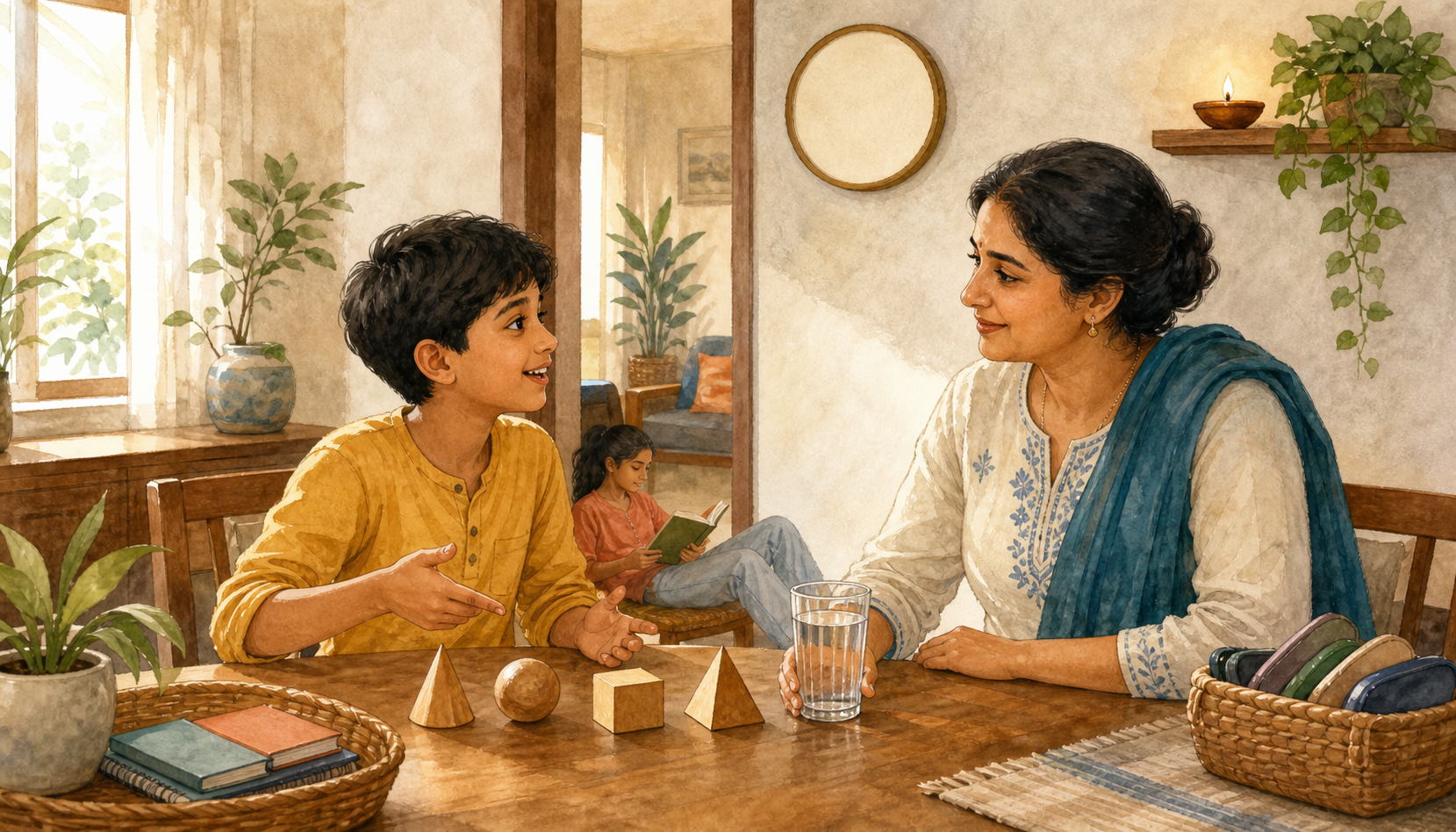 A child explains a lesson with wooden shapes while a parent listens and places water on an organized family study table.
