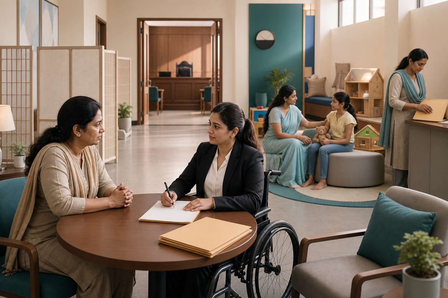 A spouse meets a legal-aid advocate in a family assistance center while child welfare staff support two children near a courthouse room.