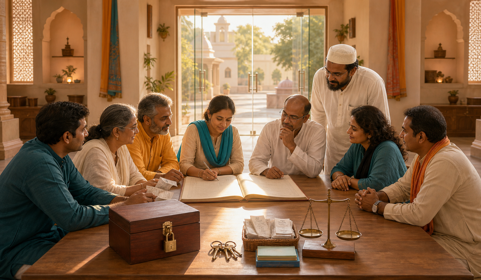 Devotees, trustees, volunteers, and a parent gather around an open ledger with receipts, keys, scales, and a donation box in a sunlit community hall.