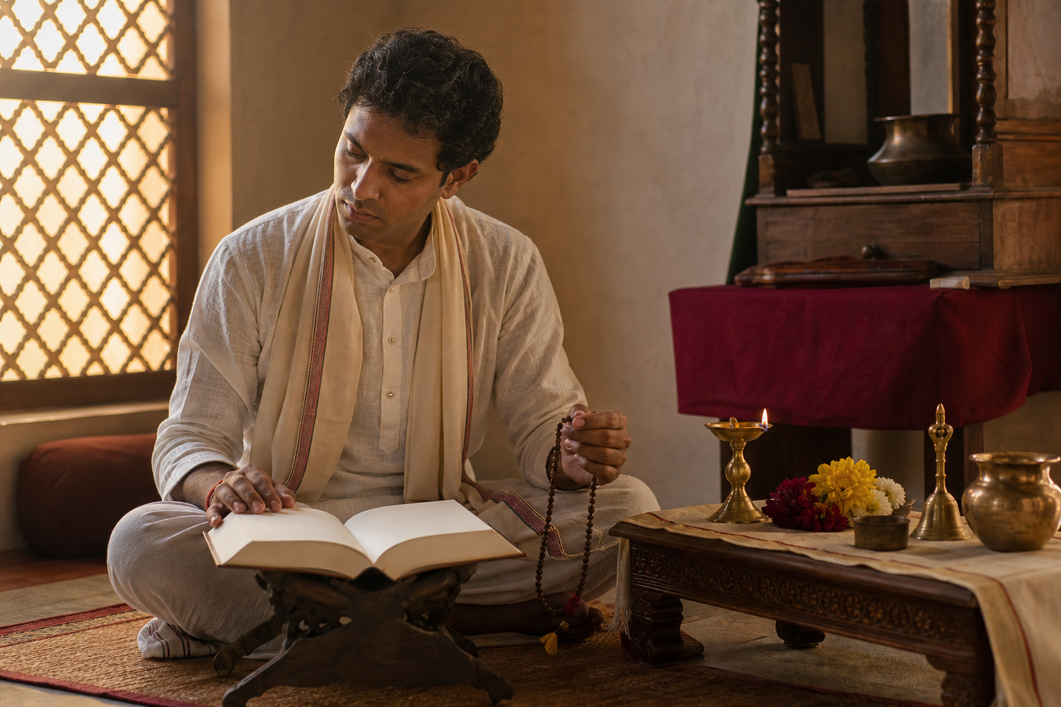 A practitioner sits between an open scripture on a wooden stand and a home altar with an oil lamp, flowers, bell, and prayer beads.