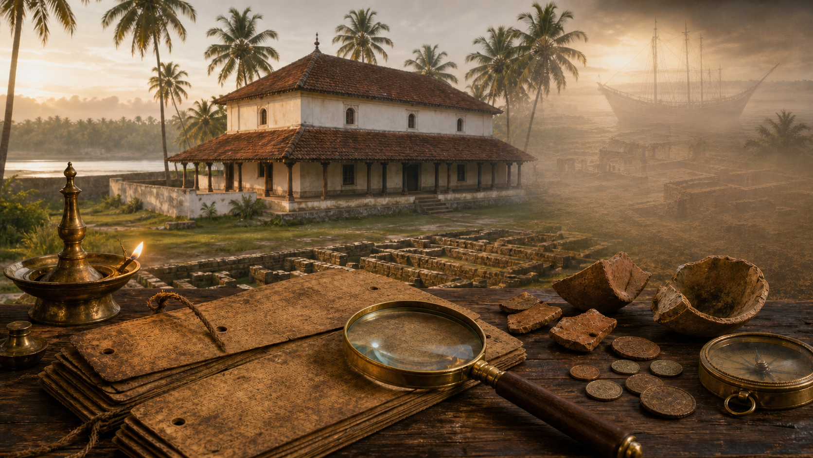 A historic Kerala coastal mosque at dawn with palm-leaf folios, coins, pottery fragments, a compass, and a magnifying glass arranged on a research table in the foreground.
