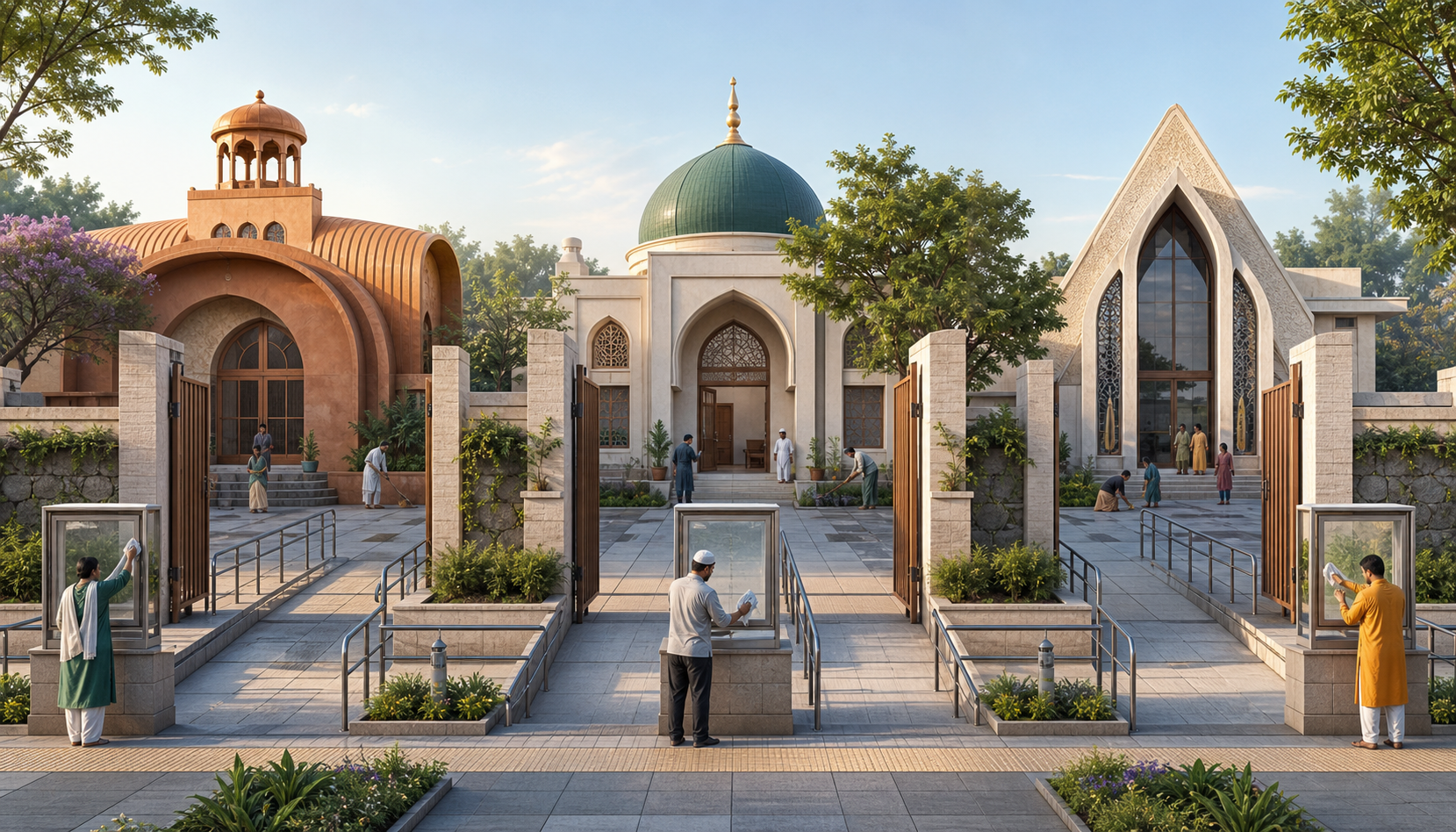 Three fictional religious community buildings with different architectural styles share equally built foundations, safe pathways, railings, and accessible entrances.