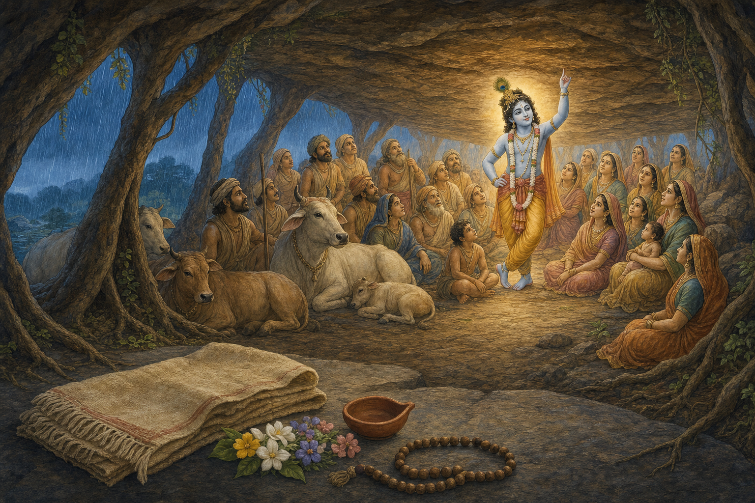 Prayer beads, flowers, and a clay lamp rest in the foreground of a quiet view toward Krishna, the sheltered villagers, and cows beneath Govardhan Hill.