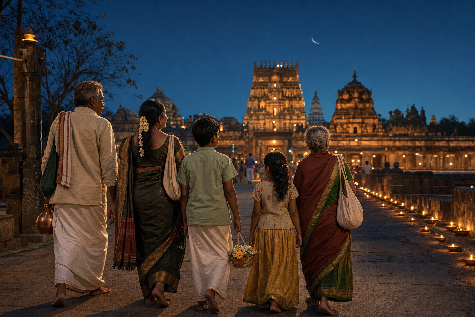 A multigenerational family carrying simple offerings walks toward a lamp-lit Shaiva temple beneath an indigo evening sky.