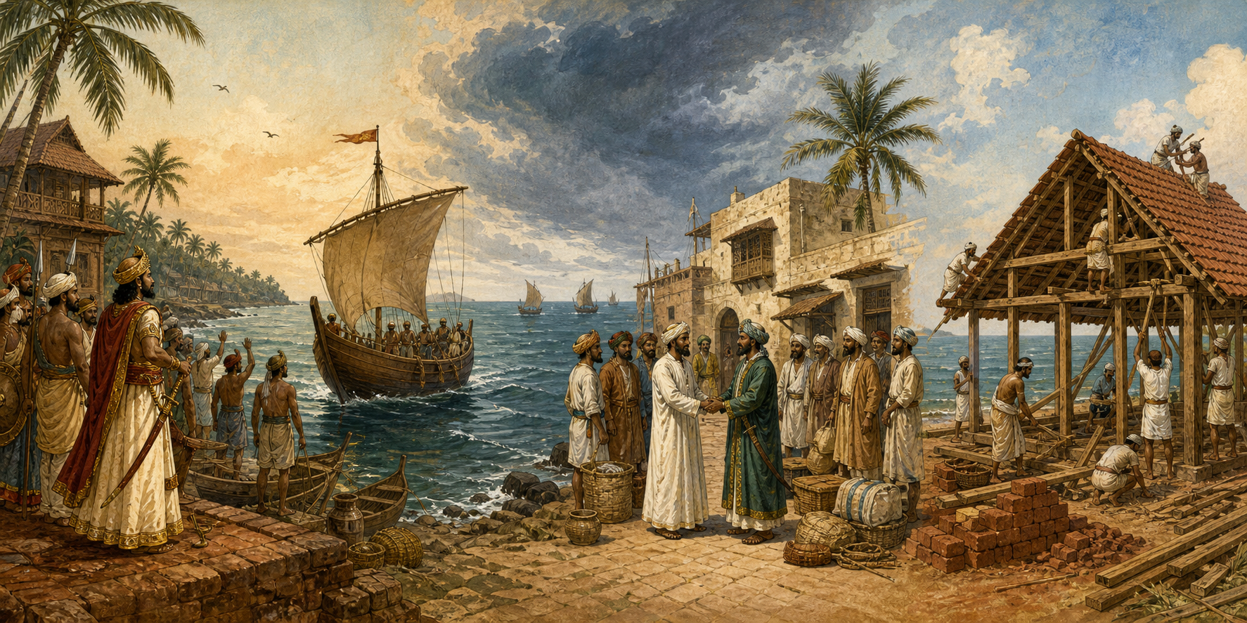 Four connected scenes show a Kerala ruler at a harbor, a vessel crossing the Arabian Sea, travelers meeting at an Arabian port, and a coastal community constructing a small prayer house.
