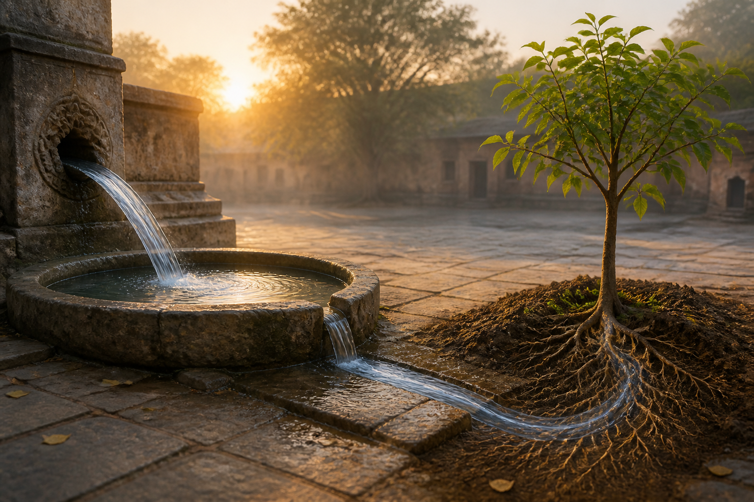 Dawn light falls on a stone courtyard where flowing water gathers in a round basin and nourishes a young tree with visible roots.