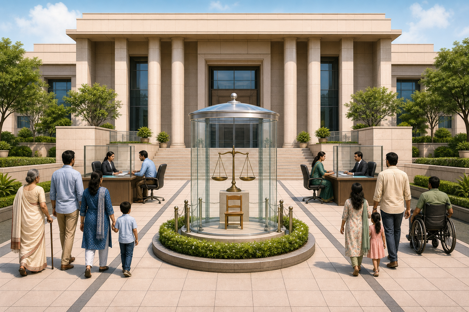 Two different families follow parallel paths through identical evidence-review desks toward the same courthouse, with balanced scales and a child's chair at the center.
