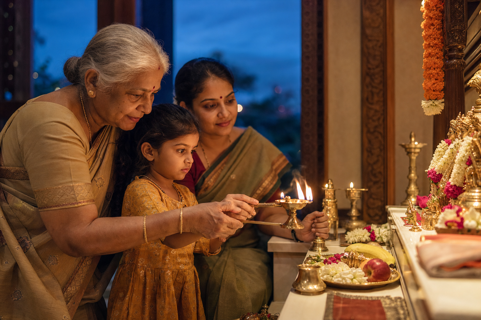 Three generations of a family perform evening aarti together at a home shrine decorated with flowers.