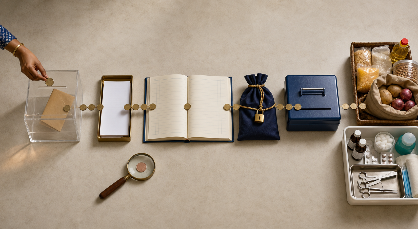 A clear donation box connects through receipts, a blank ledger, a secured pouch, and a deposit box to food and medical supplies, with one token examined under a magnifying glass.
