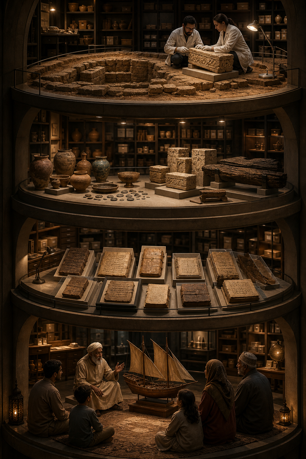 Four illuminated archive platforms contain an oral storytelling scene, manuscript bundles, archaeological objects, and a building foundation examined by researchers.