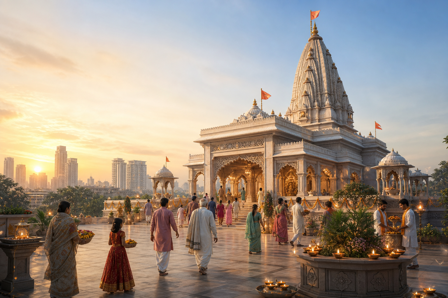 Editorial illustration of a contemporary Krishna temple at dawn, with devotees and volunteers gathered in its lamp-lit forecourt and Gurugram's skyline in the distance.