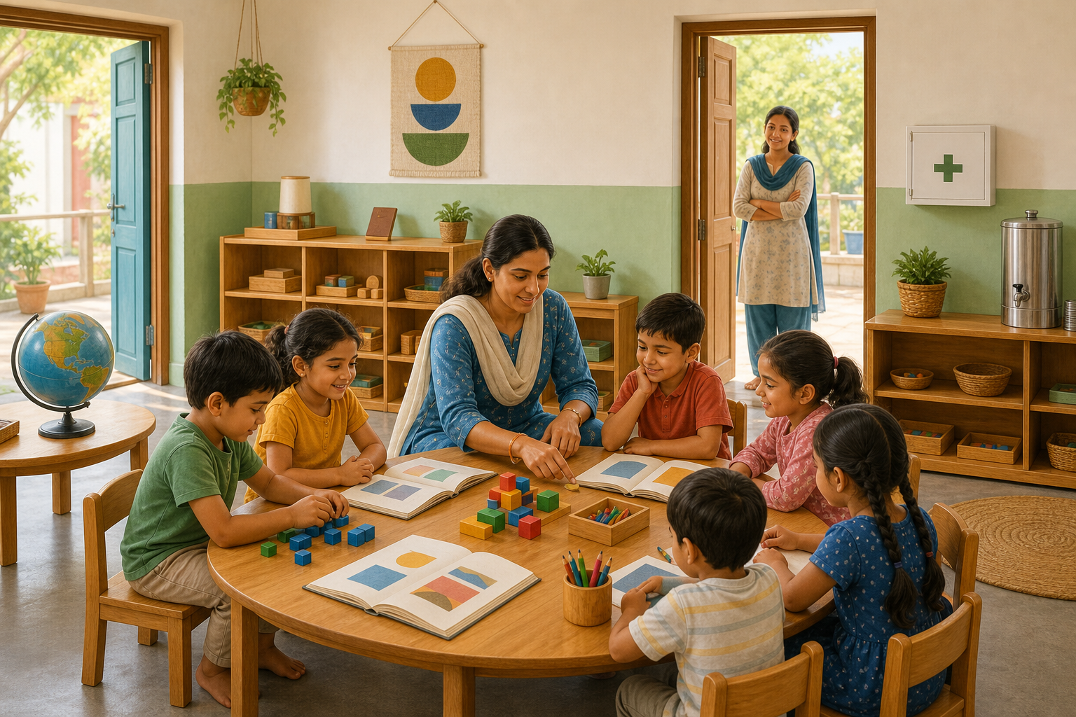 Children learn with books, counting blocks, art materials, and a globe in a bright classroom with two adults, visible exits, drinking water, and a first-aid kit.