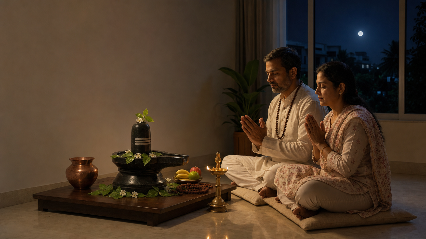 Two devotees sit in prayer beside a home shrine with a Shiva lingam, bilva leaves, flowers, a copper pot, fruit, and an oil lamp at night.