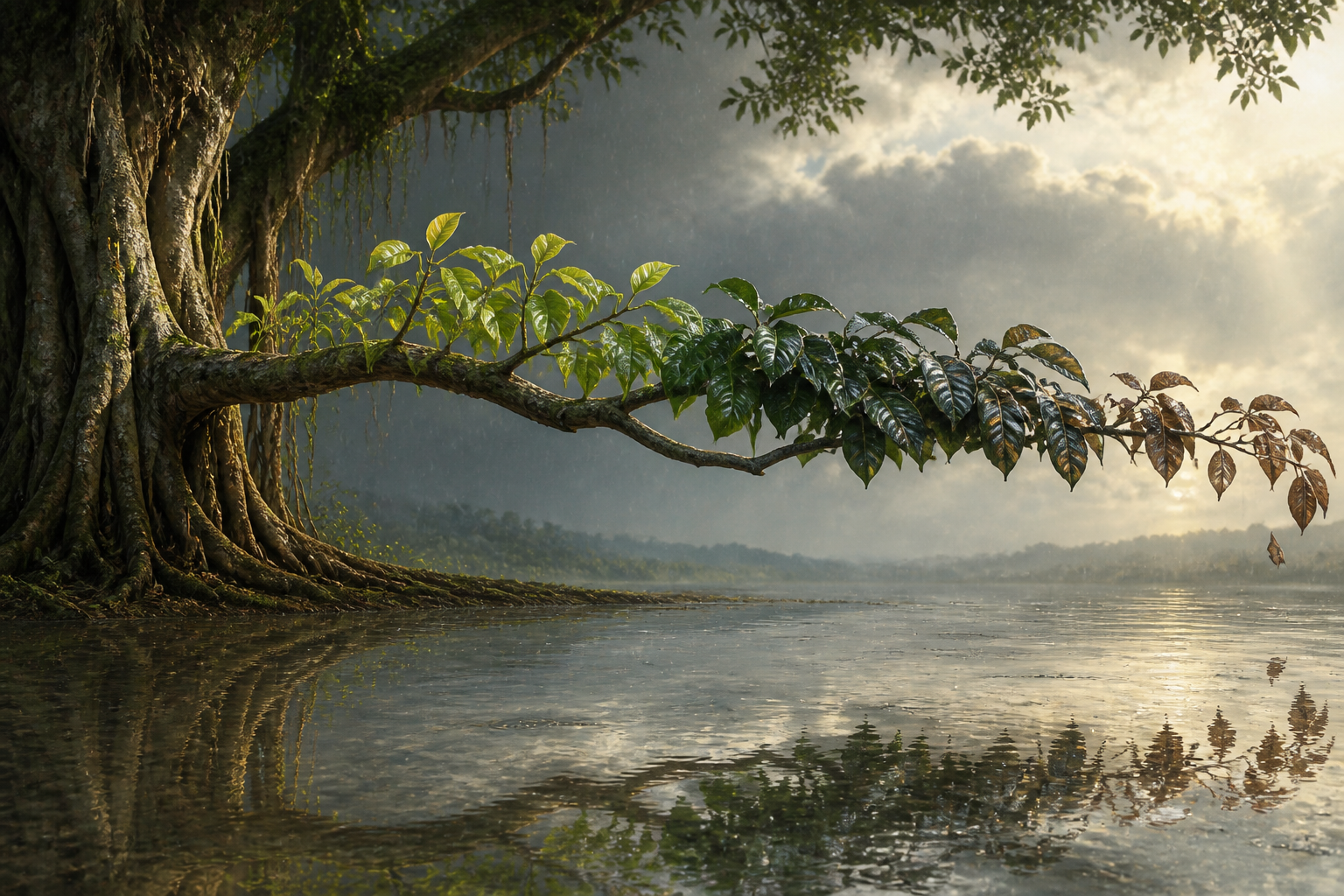 One banyan branch bears new, mature, rain-darkened, and drying leaves while rippled water reflects it below.