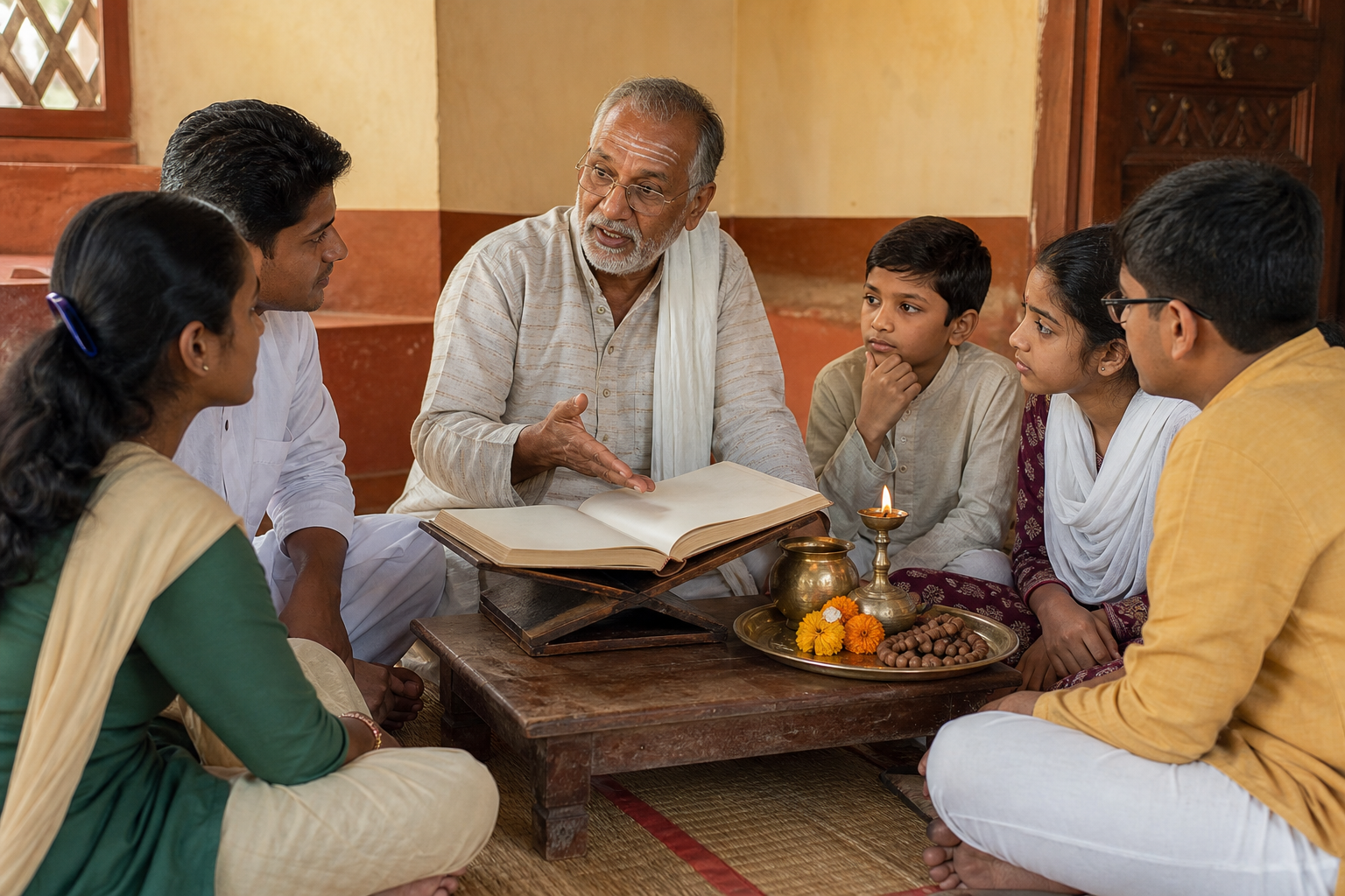 A teacher discusses an open scripture and ritual objects with a mixed-age study group in a traditional hall.