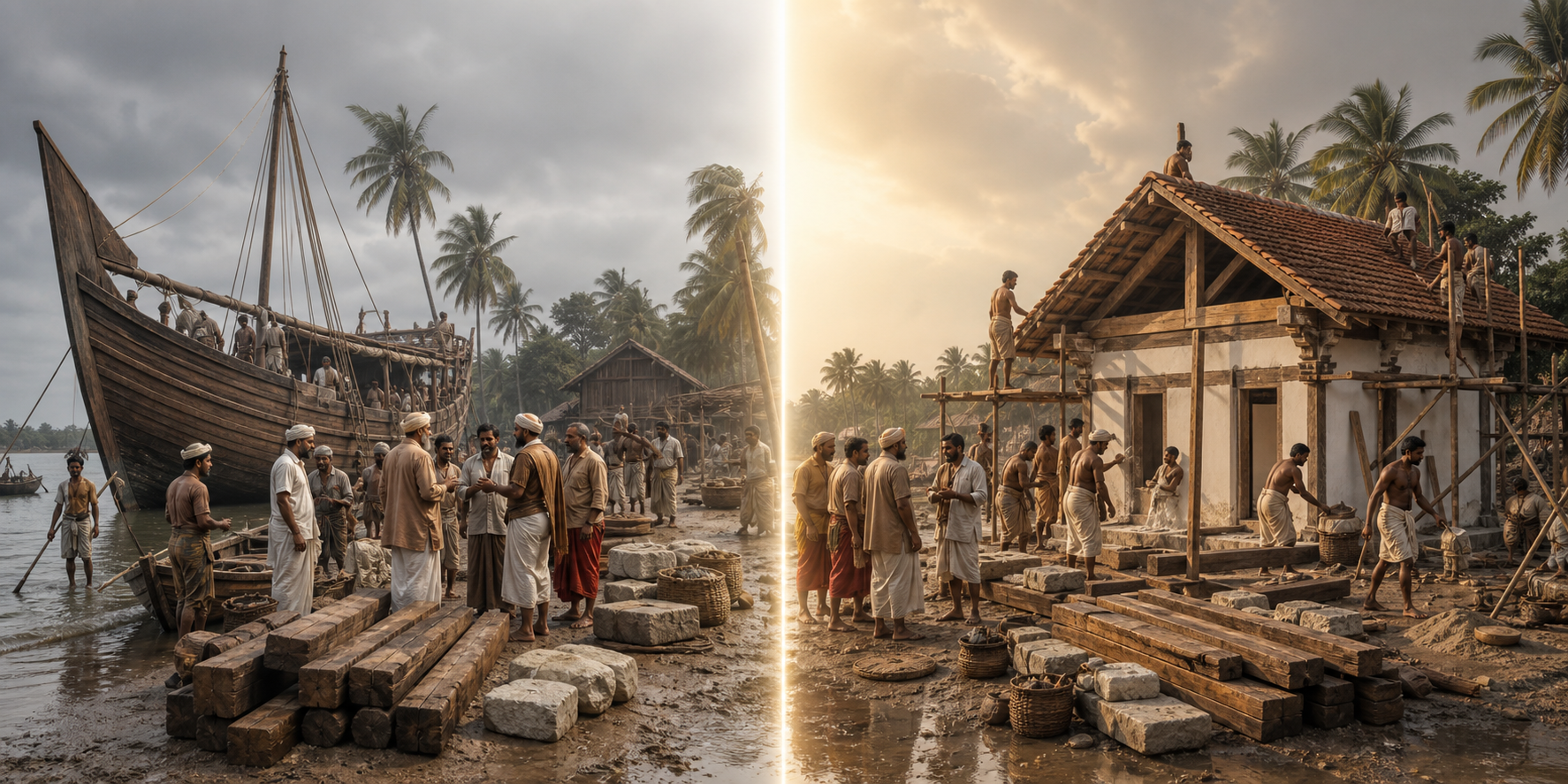 Two adjoining scenes show a wooden dhow and building materials arriving at a Kerala estuary, followed by craftspeople constructing a small coastal prayer hall.