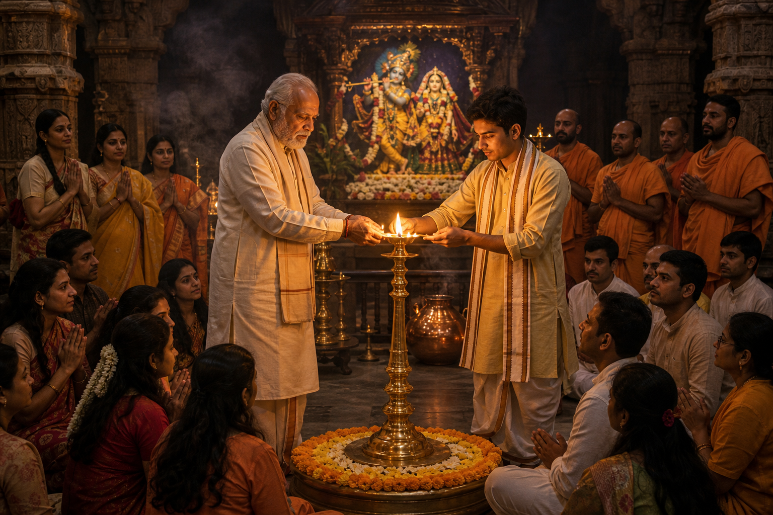 An older and a younger devotee light a brass lamp together as a multigenerational congregation gathers before a Radha-Krishna altar.