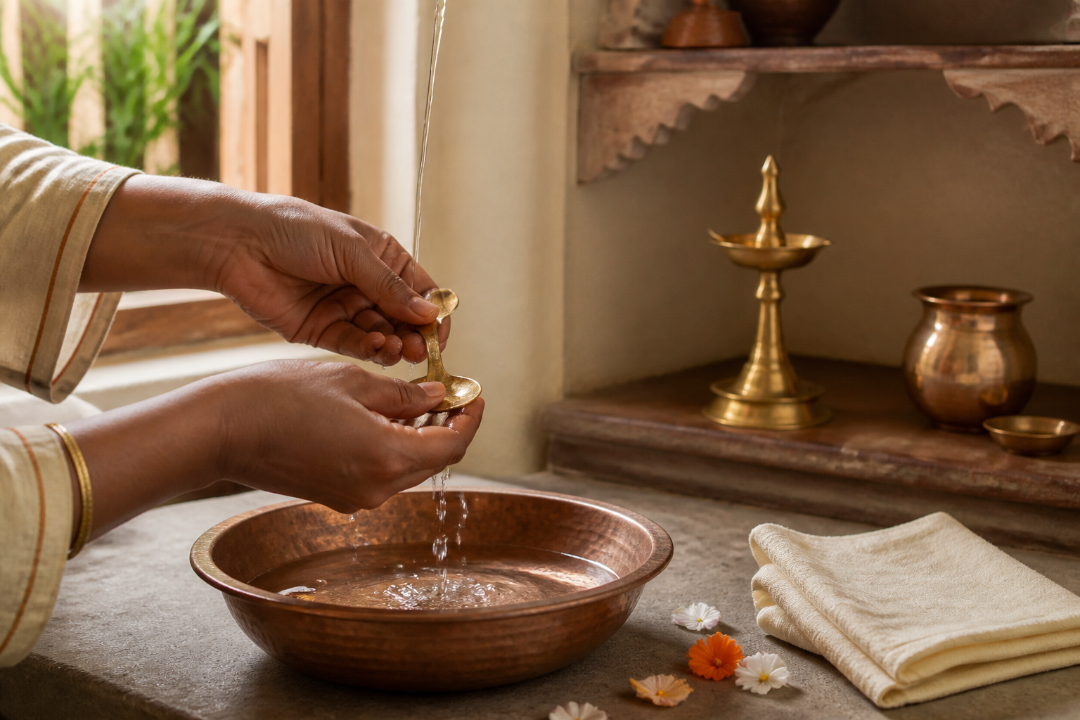 Hands rinse a small brass worship spoon with clean water beside a simple home prayer area.