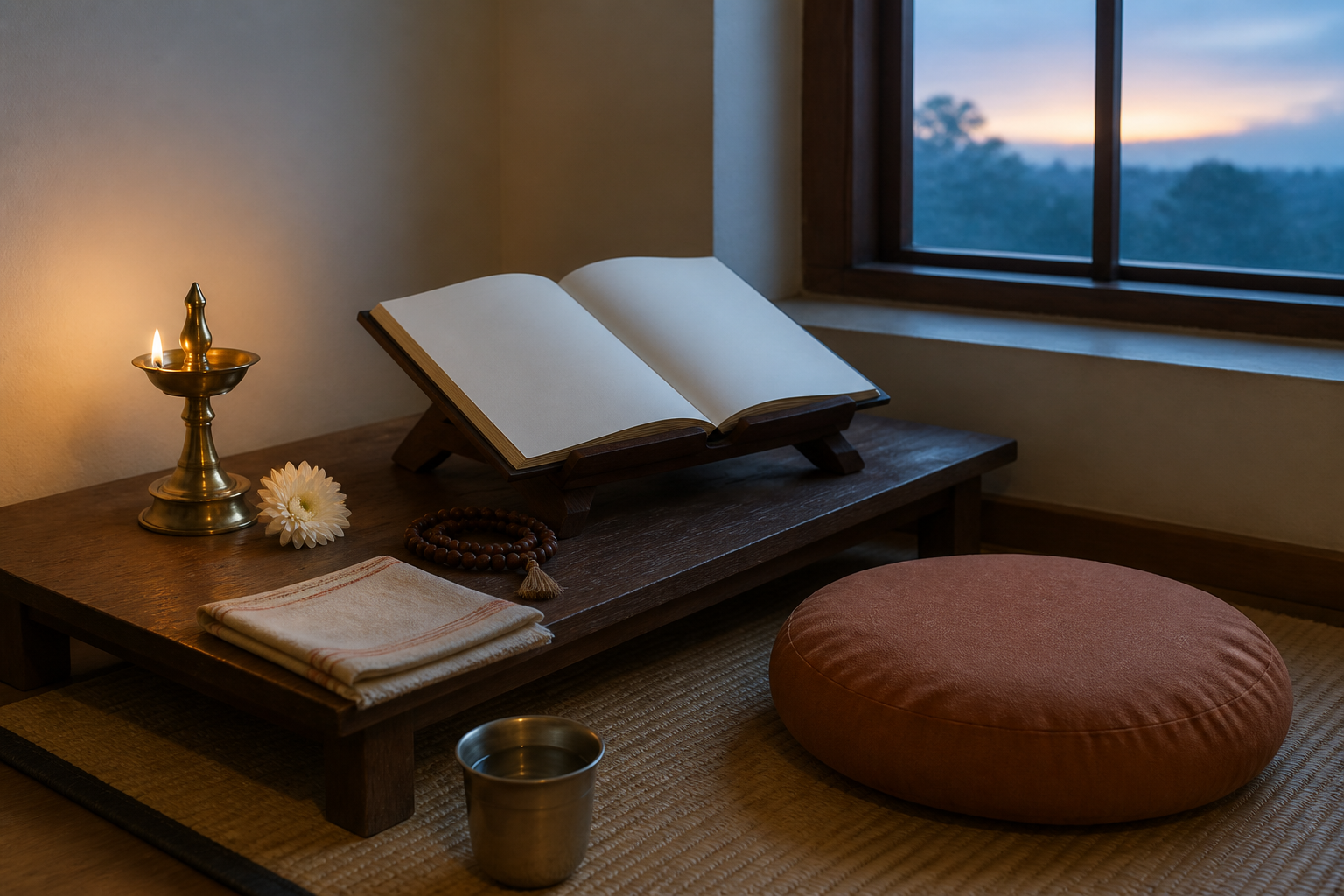 A simple dawn prayer corner contains a lit oil lamp, flower, prayer beads, an open book on a stand, and a meditation cushion.