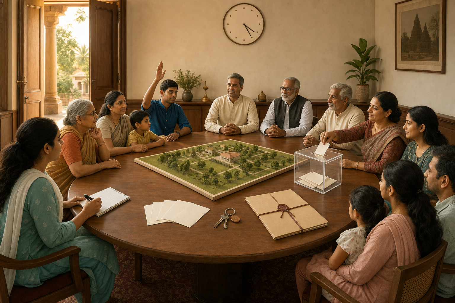 Trustees, devotees, volunteers, and parents sit equally around a round table with a community model, an unopened key ring, consultation cards, and a transparent concern box.