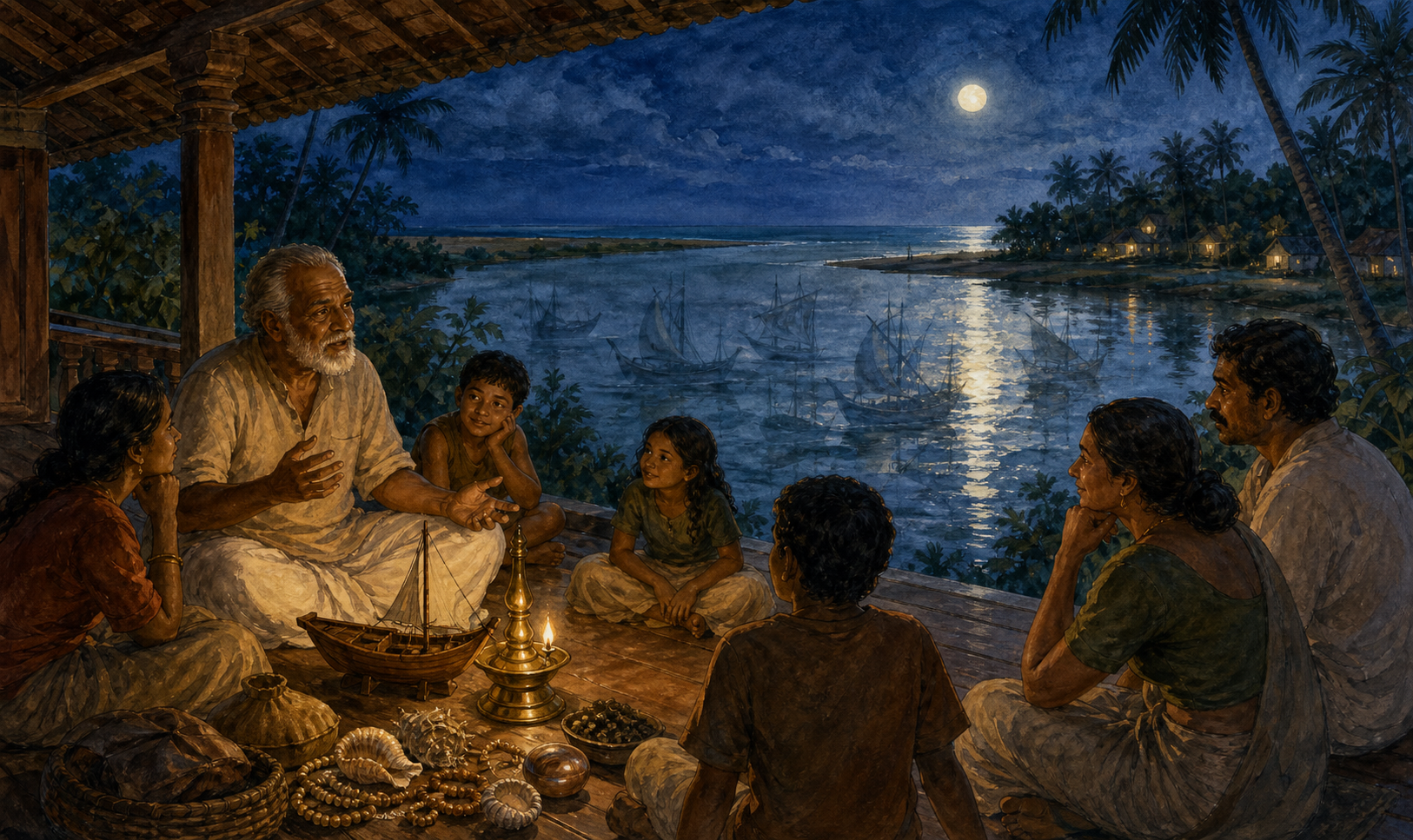 An elder tells a story to adults and children on a Kerala veranda while the moonlit estuary reflects overlapping silhouettes of a wooden sailing vessel.
