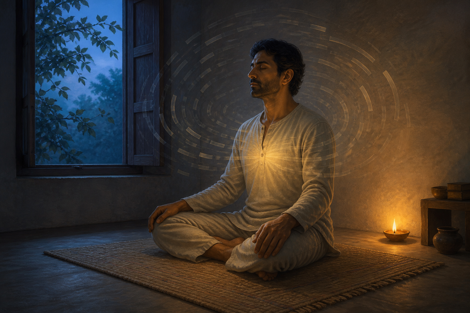 A person meditates on a woven mat as fragmented bands of light settle into a calm glow around the head and chest.