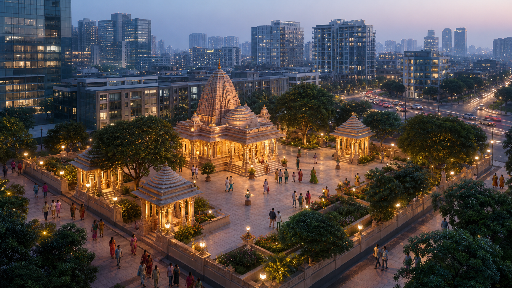 A warmly illuminated Krishna temple and its gathering courtyard stand among the office towers, apartments, and roads of modern Gurugram at dusk.