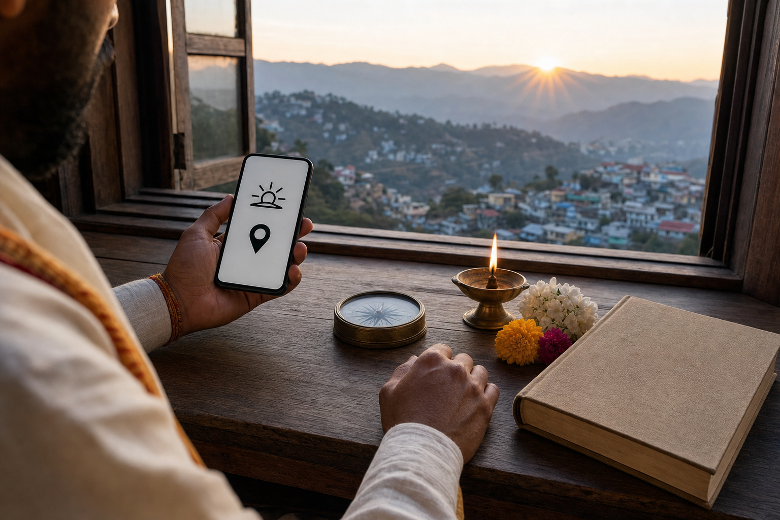 A practitioner checks an unbranded phone beside a compass, lamp, flowers, and closed almanac while sunrise appears over a hill-town horizon.