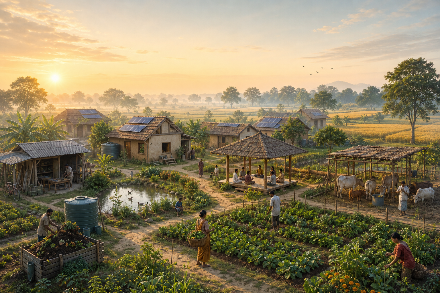Residents work among crop beds, cattle shelters, homes, a pond and a prayer pavilion in an integrated rural farm community at sunrise.