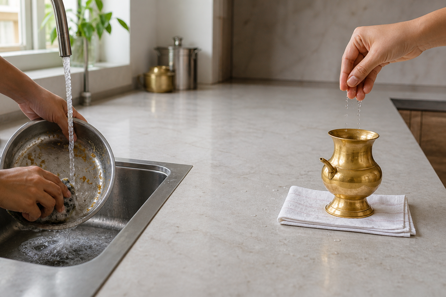 One utensil is washed at a kitchen sink while a clean brass vessel is lightly sprinkled with water on a separate cloth.
