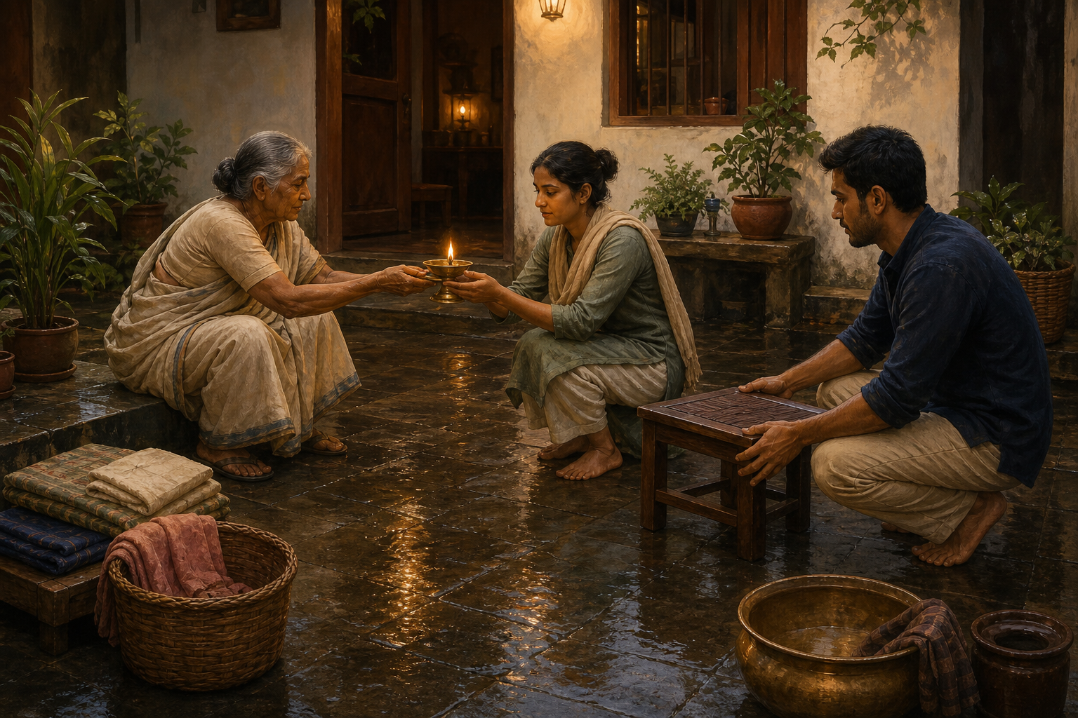 Three family members pause while rearranging a courtyard, with an older adult passing a lit brass lamp to a younger adult.