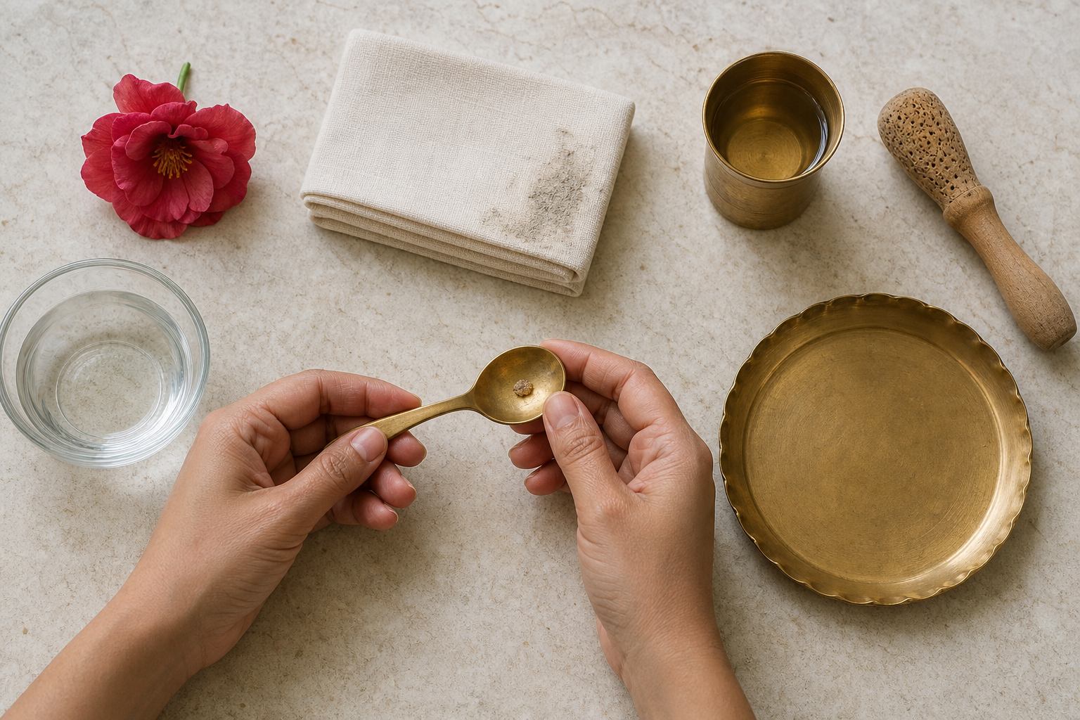 Hands inspect a worship spoon beside a flower, cotton cloth, brass cup, wooden implement, water bowl, and empty tray.
