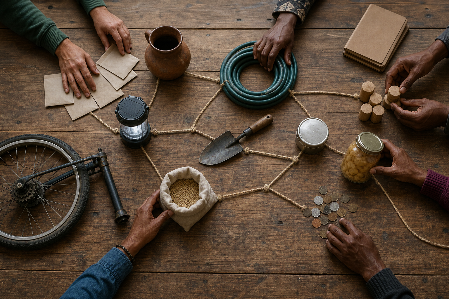 Hands arrange seeds, tools, food, water, energy supplies and household tokens on a table to examine a community's dependencies.