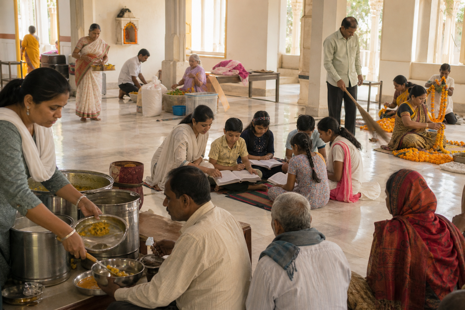 Volunteers serve a vegetarian meal, study with children, make flower garlands, and clean together inside a sunlit temple community hall.