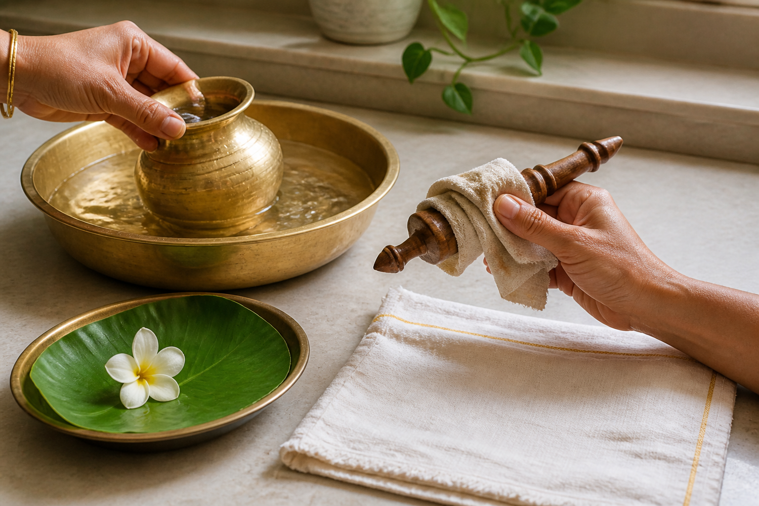 A brass vessel is rinsed while a flower is set aside, a cotton cloth dries, and a wooden implement is wiped nearby.