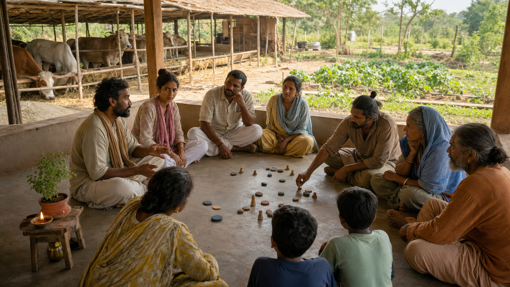 Farm community members sit in a circle and use plain wooden pieces to assign shared work while fields and a cattle shelter remain visible outside.