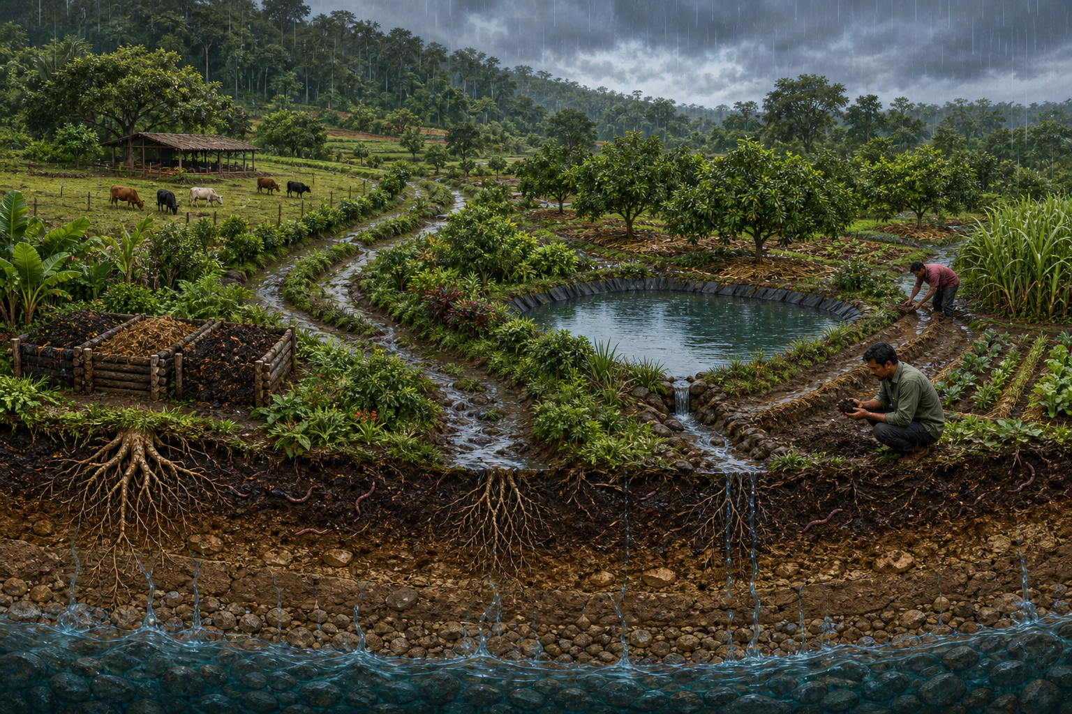 A cutaway farm landscape shows rainwater moving through trees, swales, an orchard and a pond into living soil beneath mixed crops and pasture.