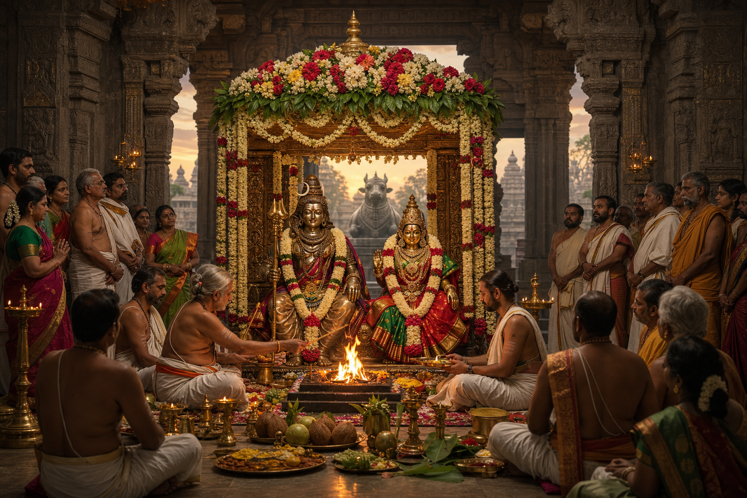 Priests conduct a ceremonial wedding for adorned bronze images of Shiva and Parvati in a lamp-lit temple mandapa.