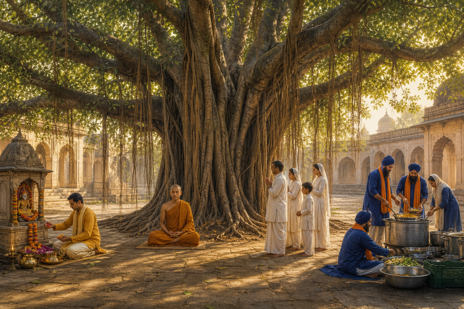 People from several Dharmic traditions practise devotion, meditation, contemplation, and food service beneath the shared canopy of a banyan tree.