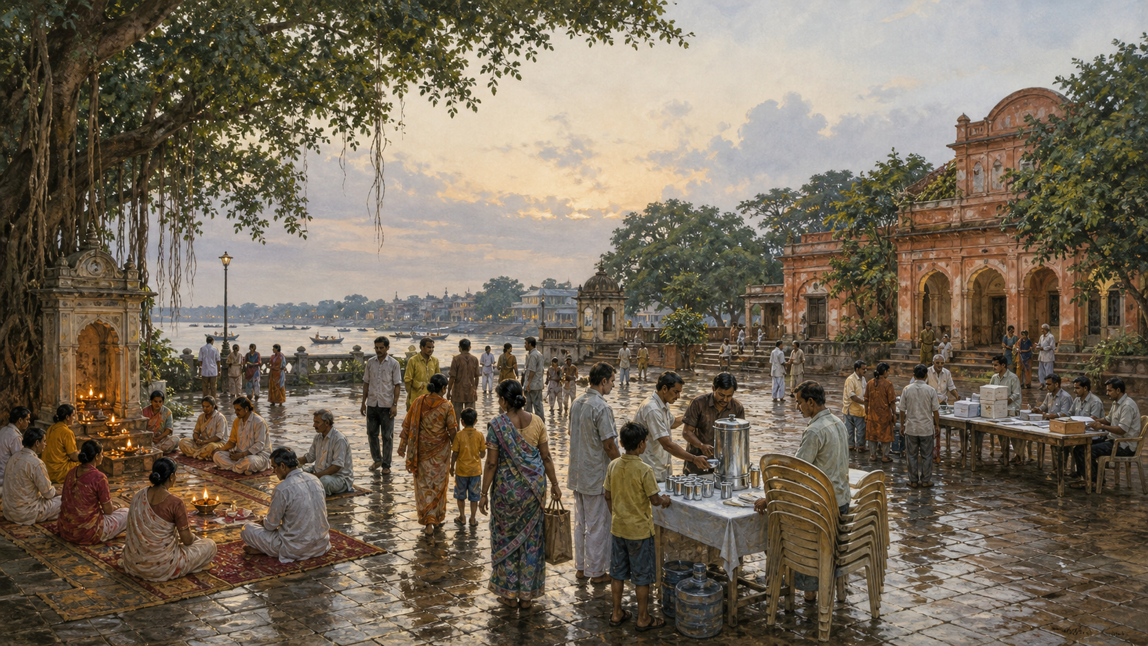 Residents gather in separate devotional, civic service and election-organizing areas of a Bengal town square at dusk.