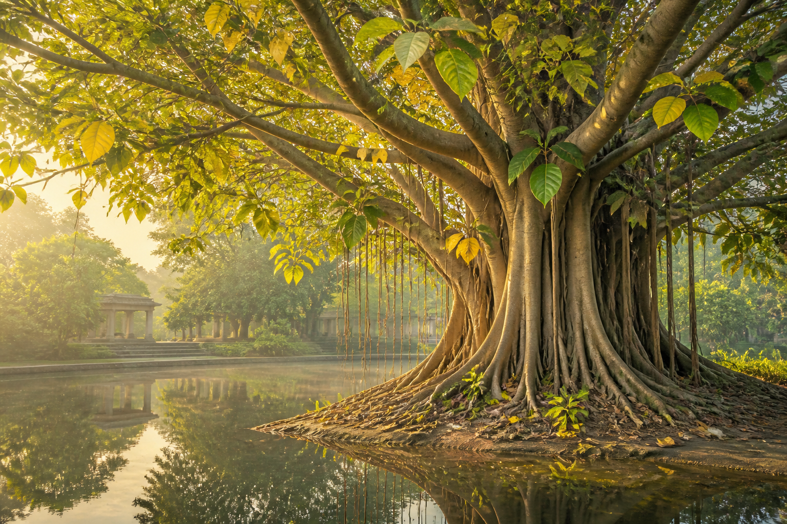 A many-branched banyan tree with varied leaves is reflected as a single form in a still pond.