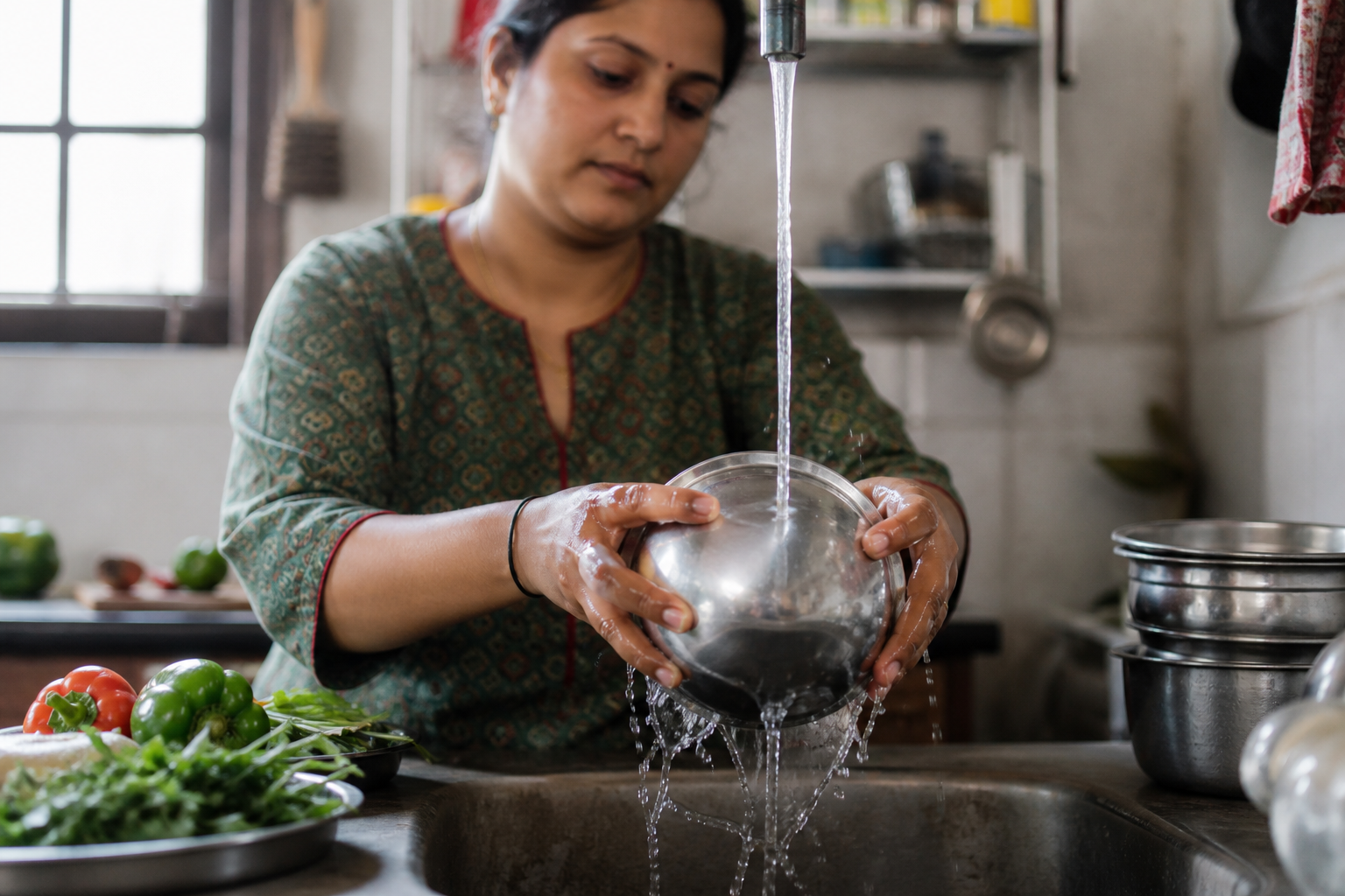 A person mindfully washes a stainless-steel bowl in a sunlit home kitchen.