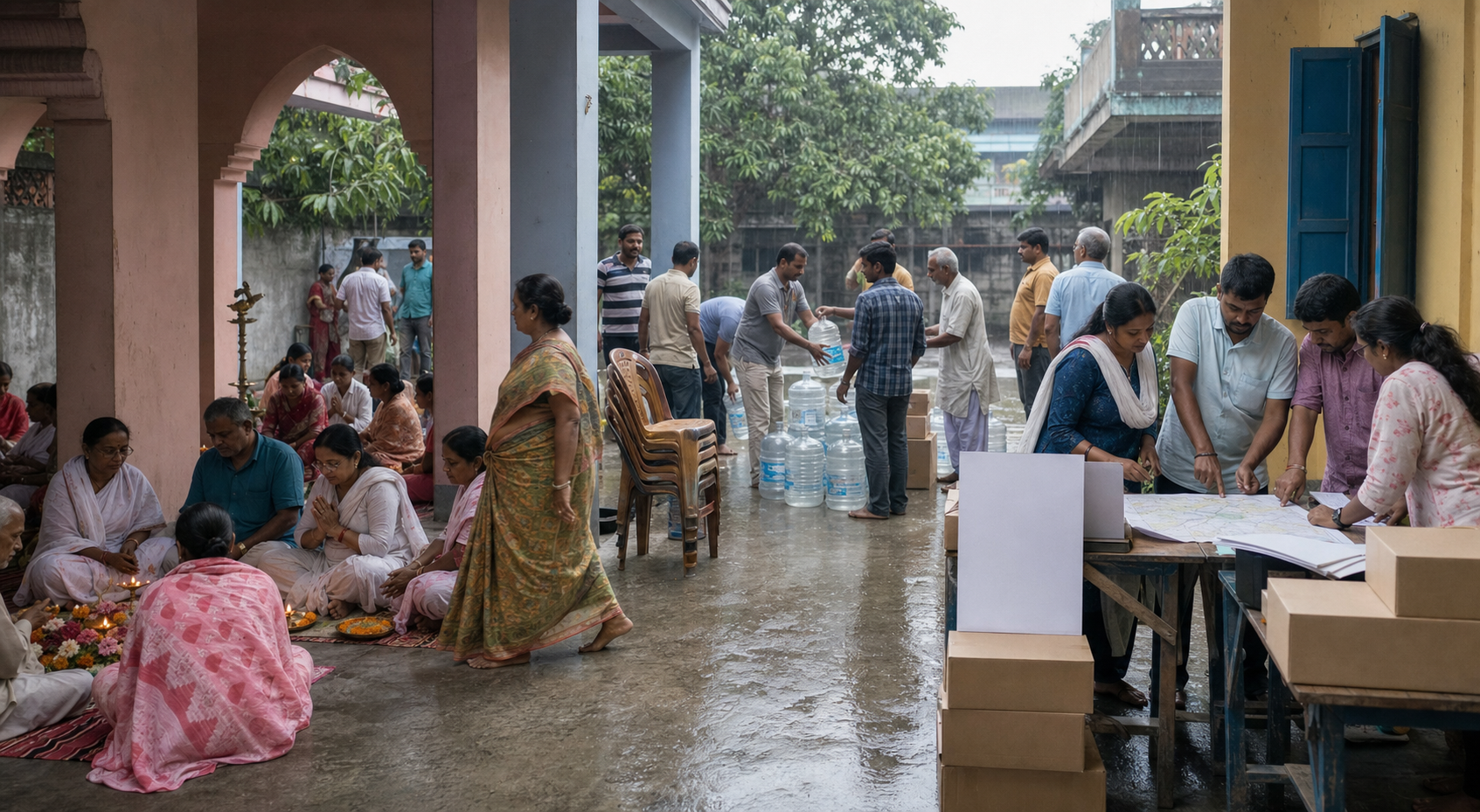 A Bengal community courtyard contains separate areas for devotional practice, volunteer service and election-related organizing.