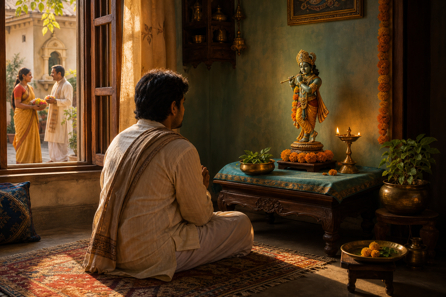 A devotee worships at a home Krishna shrine while neighbors carrying flowers greet one another in the courtyard outside.